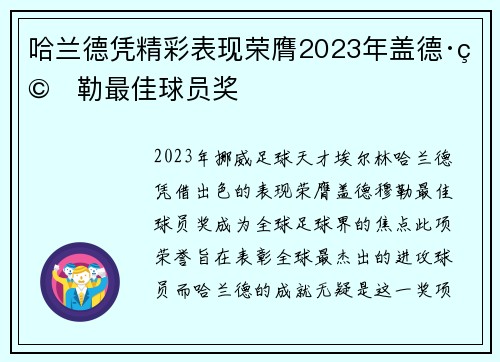 哈兰德凭精彩表现荣膺2023年盖德·穆勒最佳球员奖